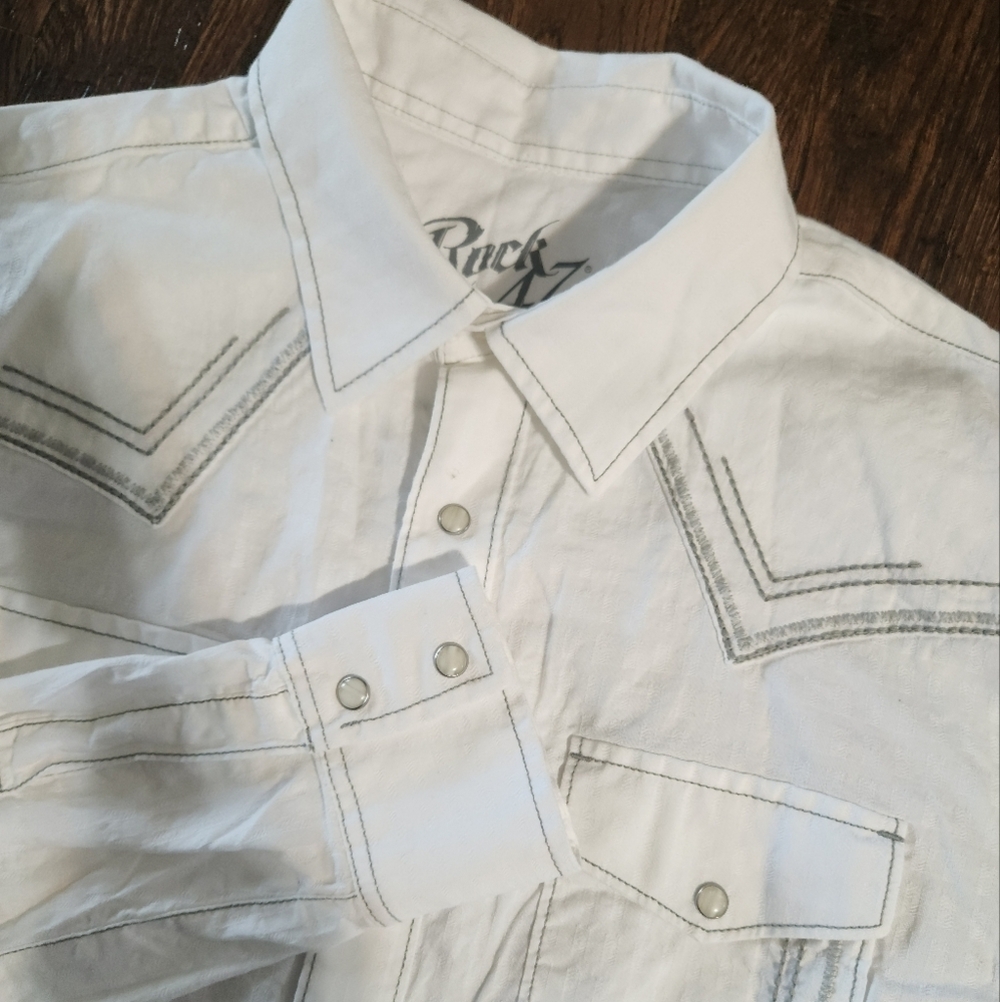 Wrangler Rock 47 Men’s Embroidered White Grey stitching L/S Snap up shirt XL